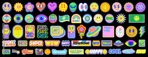 Cute Stickers Groovy Style Vector Design. Collection of Funny Characters. Pop Art Y2k Patches.