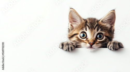 Curious kitten peeking from side, wide eyes and playful mood, white background