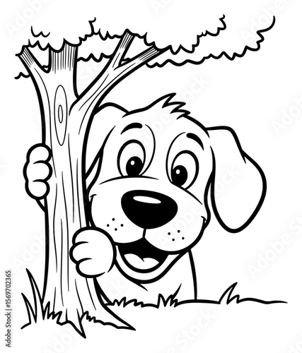 Cartoon Dog Hiding Behind a Tree: Black and White Outline Illustration