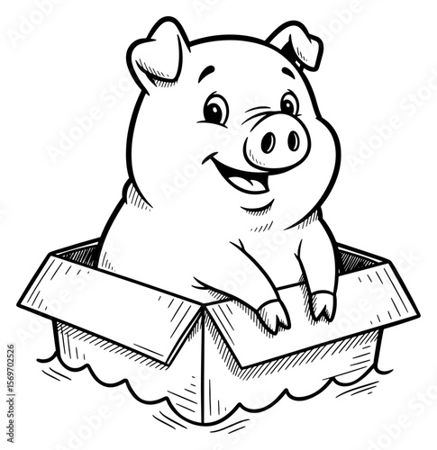 Smiling Cartoon Pig Floating in a Cardboard Box on Water - Black and White Outline Illustration