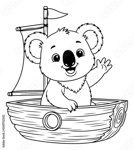 Black and White Illustration of a Smiling Koala Waving from a Small Wooden Sailboat
