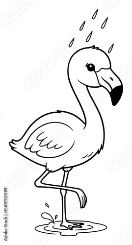 Cartoon Flamingo Standing in a Puddle Under Rain, Line Art