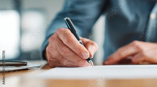 A person in a blue shirt is writing with a pen on paper at a desk, with a pair of glasses placed nearby.