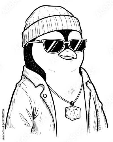 Stylish Penguin Sketch with Beanie, Sunglasses, and Gold Chain
