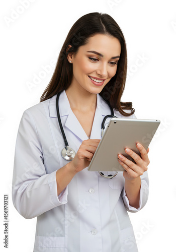 Smiling female doctor in white coat using a tablet computer isolated on transparent background