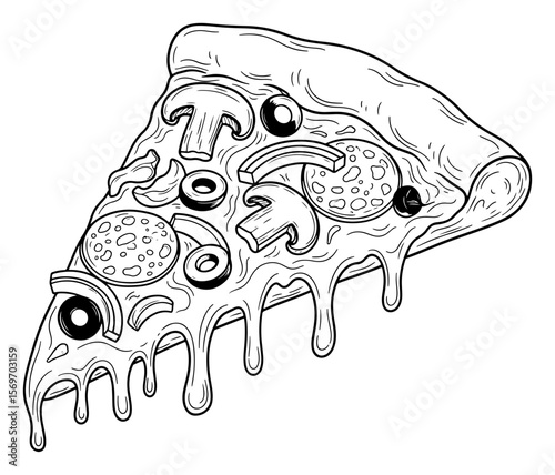 Monochrome Line Art Illustration of a Slice of Pizza with Mushrooms, Olives, and Pepperoni