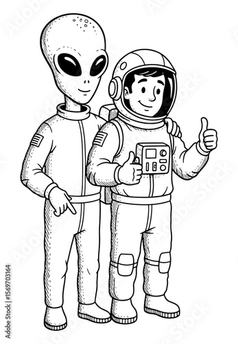 Alien and Astronaut Buddies: A Black and White Illustration of Intergalactic Friendship