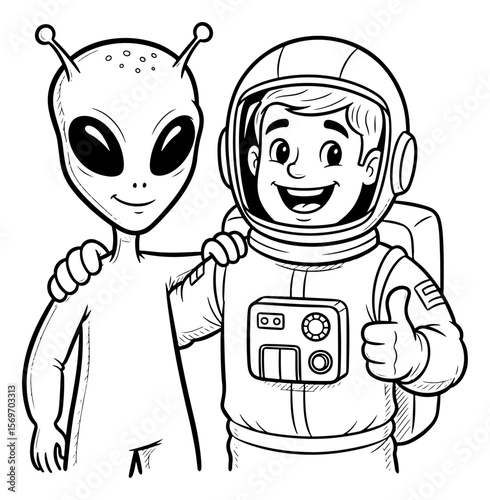Cartoon Line Art Illustration of an Alien and Astronaut Buddying Up