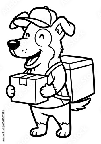 Cartoon Dog Courier Delivering Packages in Black and White Outline