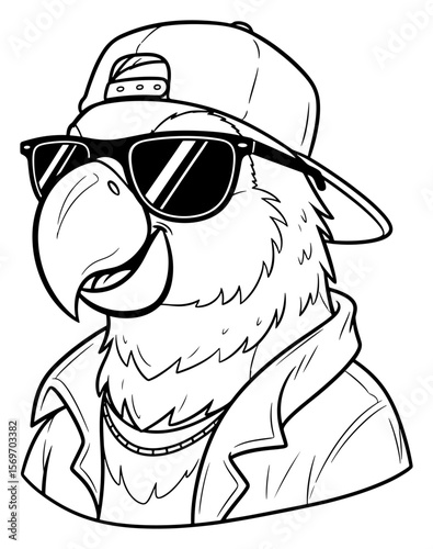 Line Art of a Stylish Parrot in Sunglasses, Cap, and Jacket