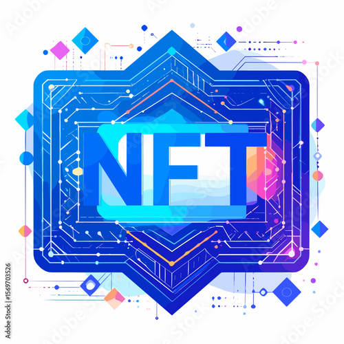 Abstract Digital Non Fungible Token Concept Featuring Geometric Shapes and Vibrant Colors on White Background