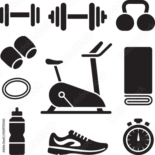 "Gym and Fitness Equipment Silhouettes - Workout Gear Collection".