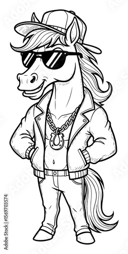 Cool Horse Character Cartoon in Outline Style Wearing Trendy Clothes and Accessories