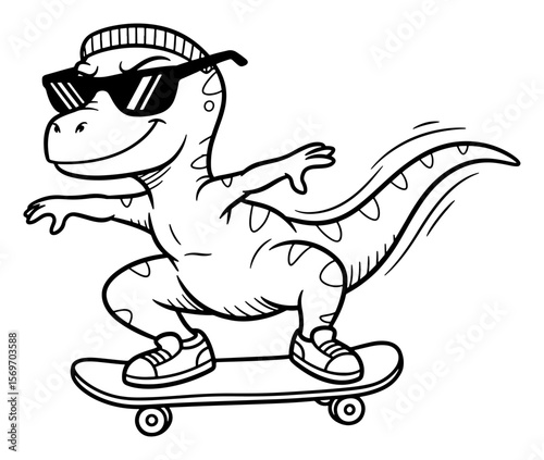 Cool Dinosaur on Skateboard - Black and White Line Art Illustration