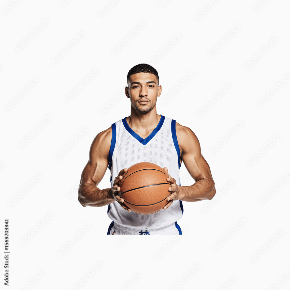 Basketball Player Portrait: A strong, focused basketball player in a white jersey holds a ball, ready for action. His intense gaze speaks of determination and skill. Basketball Player Portrait: A strong, focused basketball player in a white jersey holds a ball, ready for action. His intense gaze speaks of determination and skill.