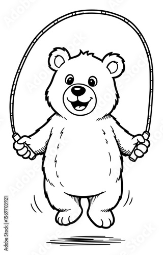 Adorable Cartoon Bear Skipping Rope - Black and White Line Art Illustration