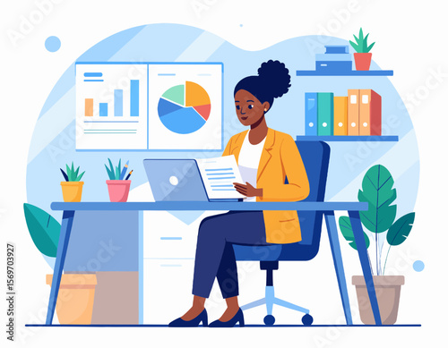 African American Businesswoman at Desk Reviews Documents with Laptop and Chart Screen in Modern Office with Light Blue Background