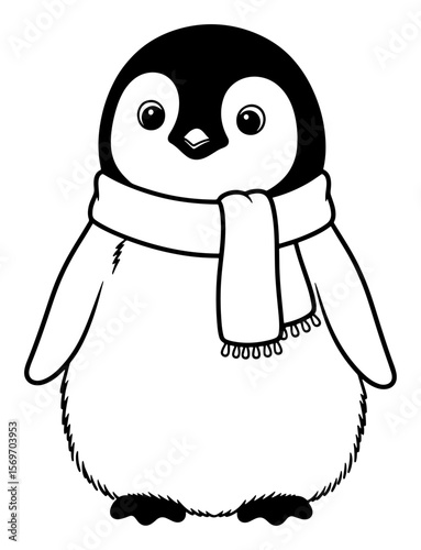 Cute Cartoon Penguin with Scarf, Black and White Line Art Illustration