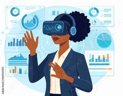 African American Woman in VR Headset Analyzing Data Graphs and Charts in a Futuristic Business Setting Featuring Modern Technology and Data Visualization