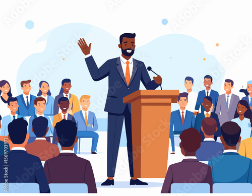African American Man Giving a Speech in a Dark Suit with Large Audience at a Podium Under Bright Lighting on White and Blue Background