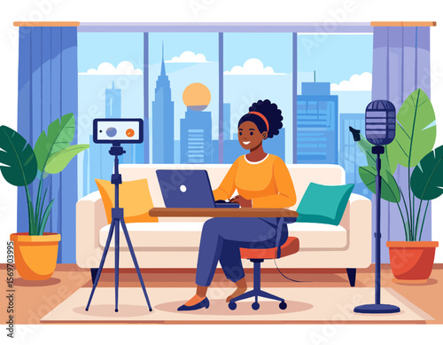African American Woman Recording Podcast at Home Studio with Laptop Microphone and Cityscape View