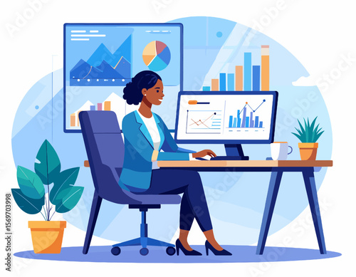 African American Businesswoman Working at Desk with Computer in Modern Office Surrounded by Data Charts and Graphs Wearing Blue Suit