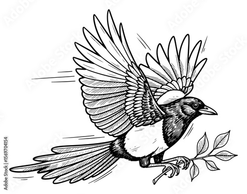 Detailed Ink Illustration of a Magpie in Flight with Twig