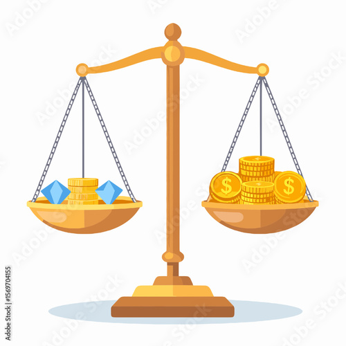 Balancing Value Scales Featuring Gold Coins and Diamonds on Light Background Representing Investment and Financial Equilibrium