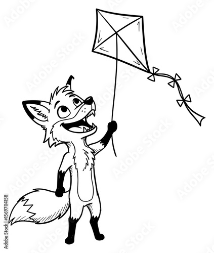 Cartoon Illustration of a Joyful Fox Holding a Kite, Black and White Sketch