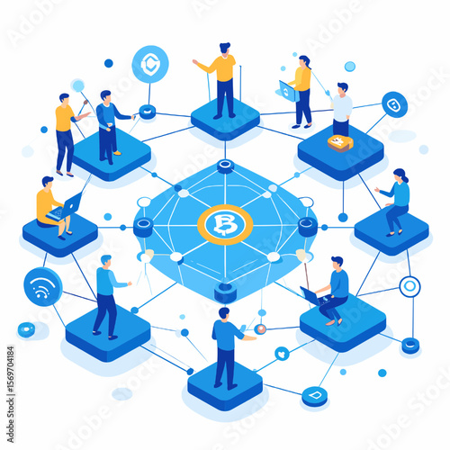 Blockchain Network with People Connecting Digital Currency Cryptocurrency on a Blue Background Representing Modern Financial Technology and Decentralized Systems