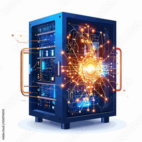 Blue Server Rack with Glowing Orange Data Transfer Effect in a Technology Concept Against White Background