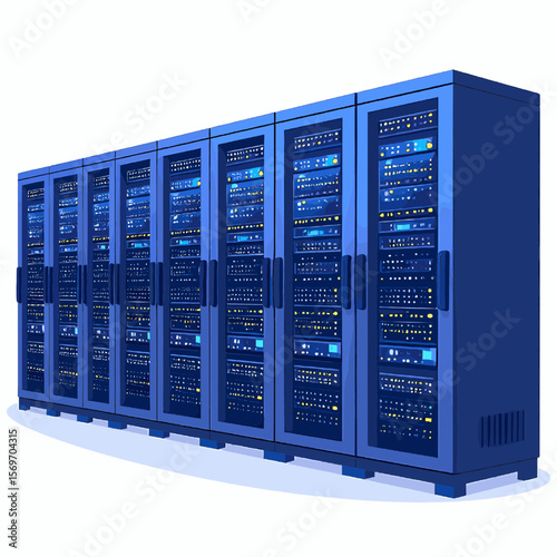Blue Server Racks Filled with Computing Hardware in a Data Center for Cloud Storage and Internet Infrastructure