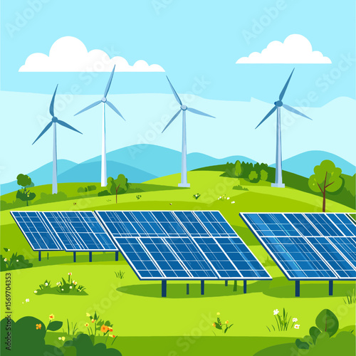 Blue Solar Panels and Wind Turbines in a Green Field Generating Clean Energy Under a Blue Sky on a Sunny Day in a Rural Landscape