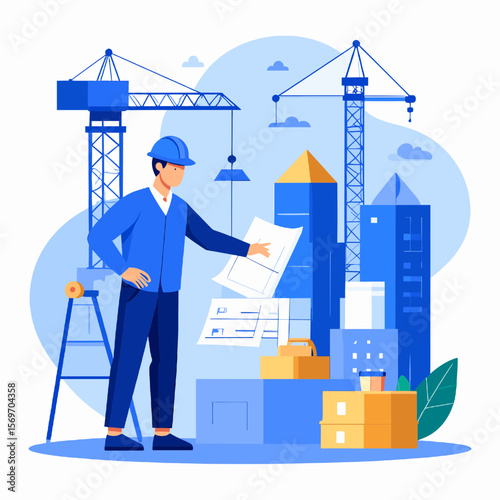 Blue Themed Illustration of Construction Site with Engineer Holding Blueprints Wearing Hard Hat Beside Cranes and Modern Skyscrapers