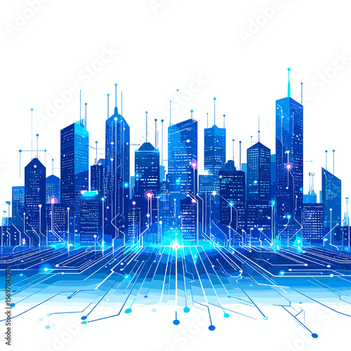 Blue Toned Cityscape Illustration Featuring Skyscrapers and Intricate Network Lines on a White Background Depicting a Modern Urban Center