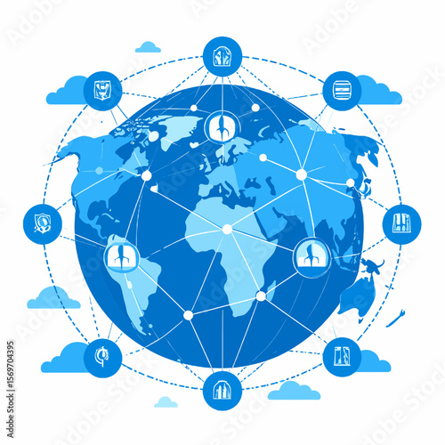 Blue World Globe with Network Connections and Cloud Icons for Global Technology and Communication