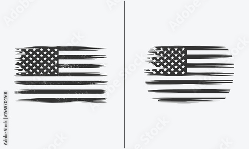 Grunge Style American Flag with Distressed Brushstroke Effect, Two Versions of U.S. Flag in Black and White, Vintage Americana and Political Symbolism