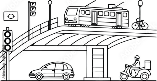 Clean city transportation elements showing a transit bus, scooter, car, and bus stop.