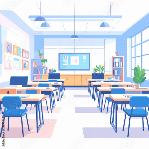 Bright Classroom Interior with Student Desks and Blue Chairs in a School Setting Featuring a Minimalist Design Style and Educational Elements