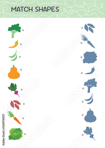 Find the correct shadow. Match shapes educational game for kids. Attention task. Choose the right silhouette. Worksheet page. Activity book. Vector illustration