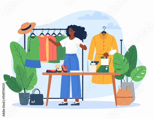 Brunette Woman Arranging Clothes on a Rack Near Table with Potted Plants in Bright Indoor Setting