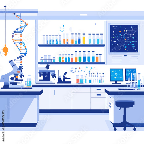 Brightly Lit Modern Medical Laboratory Interior with Microscope DNA Model and Various Scientific Equipments on Tables and Shelves in Blue and White Colors