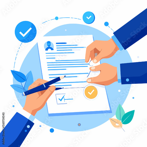 Business Agreement Checklist Document Reviewing Hands Holding Paper with Blue Pen and Checkmarks in a Flat Style Illustration