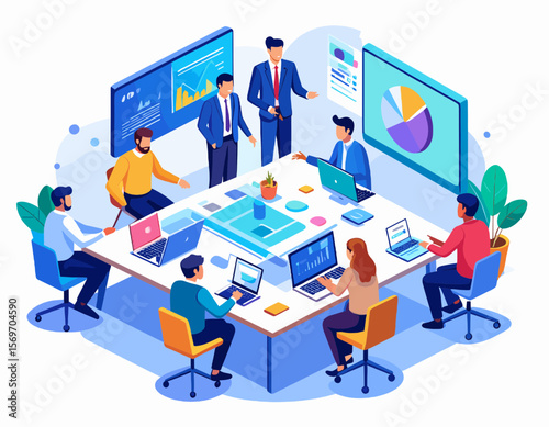 Business Meeting Illustration with Graphs Charts and Diverse Team Around Conference Table in Bright Lit Room