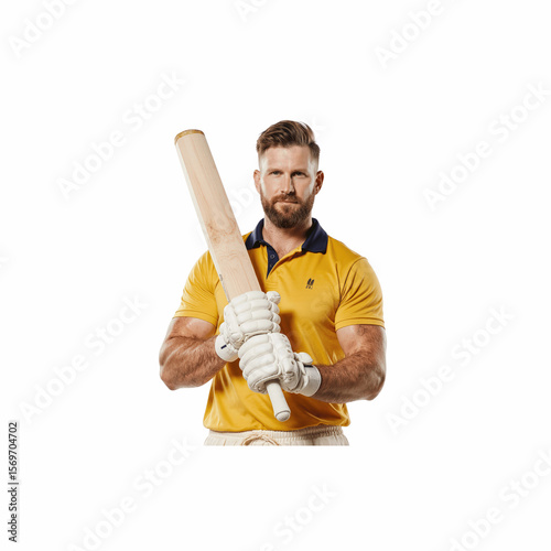 Cricket Player Posing: A focused cricketer, confidently holding a cricket bat and wearing sporting attire, ready to face the challenge on the pitch.