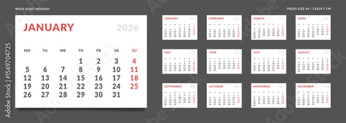 2026 Calendar Planner Set of Template Monthly Page with Note and cover with Place for Photo, Company Logo. Vector grid layout of wall or desk organizer with week start Monday for print. Pages size A4