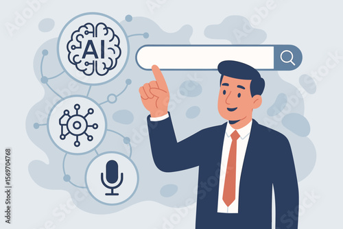 Businessman using an AI search engine. Artificial intelligence concept with icons for machine learning and voice assistant. Digital innovation, smart automation, data analysis.