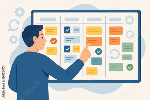 Agile methodology for project management. Man using scrum board with sticky notes. Kanban framework for software development workflow. Task organization and process planning.