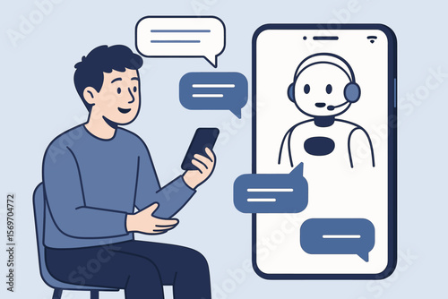 Man chatting with AI chatbot on smartphone. User interacting with virtual assistant for customer service support. Artificial intelligence communication technology concept vector.