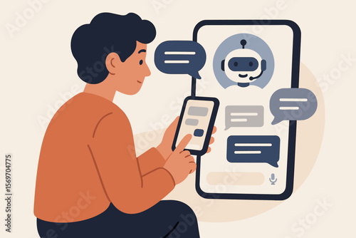 Man using AI chatbot on phone for customer support. AI assistant conversation with a virtual robot. Mobile application interface for online help and user interaction concept.
